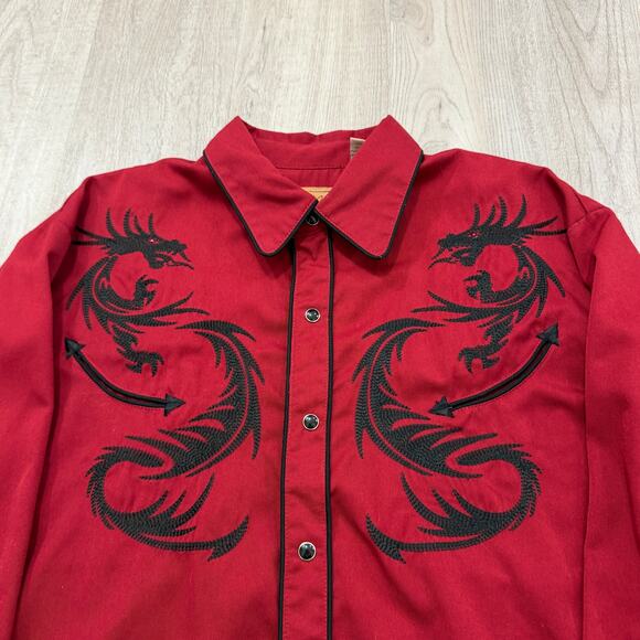 Vintage Scully Western Dragon Button Shirt Medium Red Embroidered Rockabilly - Picture 3 of 11